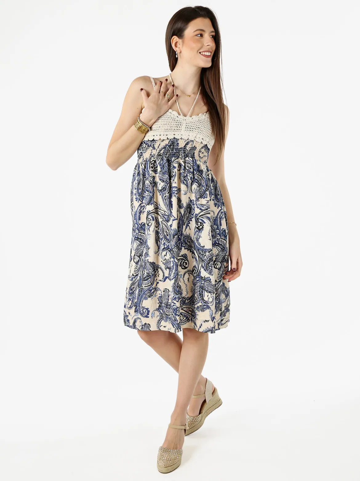 Airisa Vestito da donna con spalline sottili e dettagli in macramè - blu