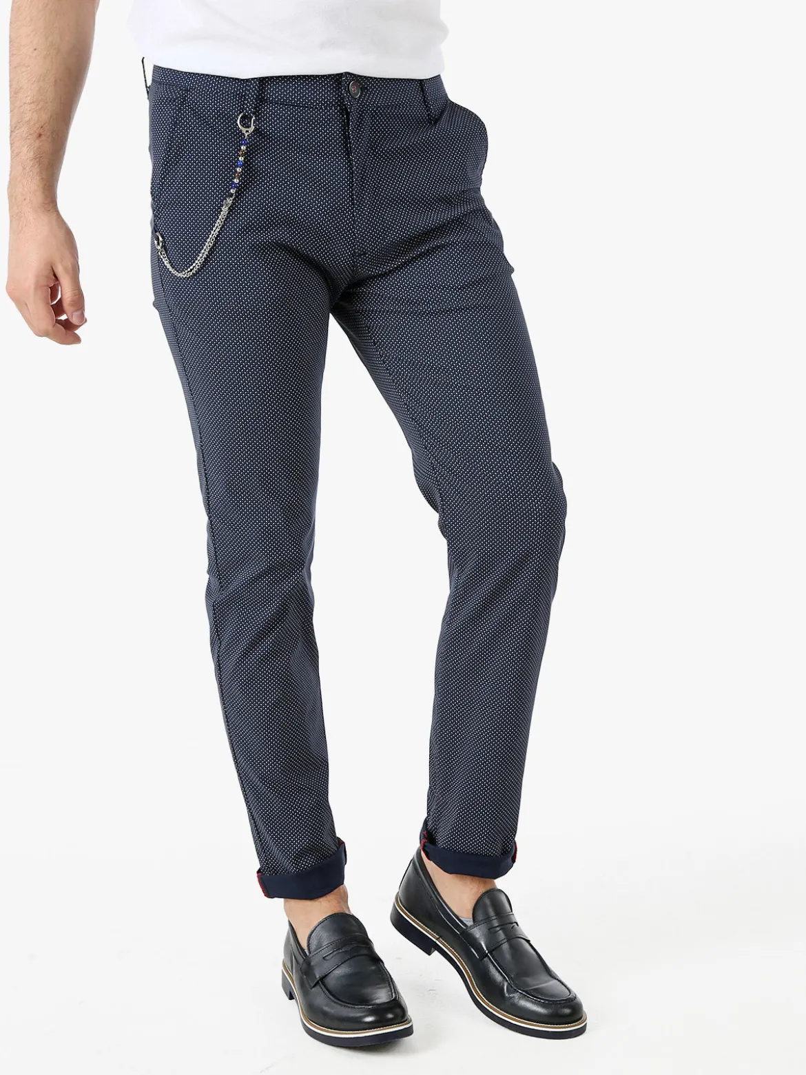 Andy Don B Pantaloni casual da uomo con stampa texture e dettaglio catena - blu scuro