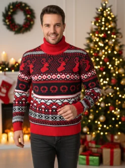 Ange Wear Maglione dolcevita natalizio da uomo - rosso
