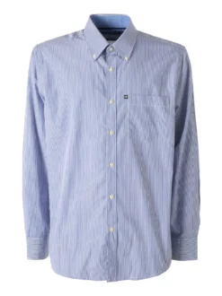 Ascot Sport Camicia a righe da uomo in cotone a maniche lunghe con taschino - blu