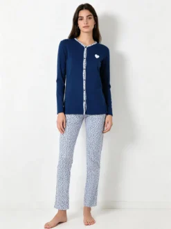 A Sette Pigiama aperto da donna in cotone interlock con pantaloni a stampa fiori - blu