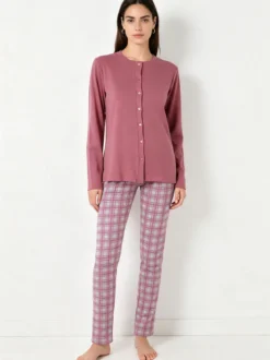 A Sette Pigiama aperto da donna in cotone interlock con pantaloni a quadri - rosa