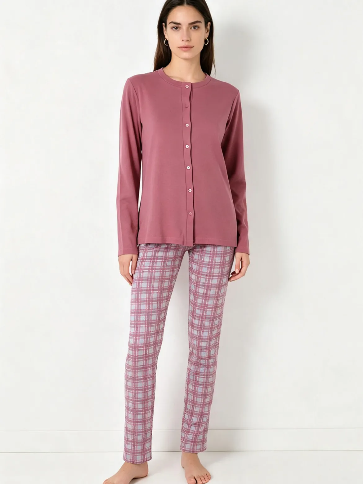 A Sette Pigiama aperto da donna in cotone interlock con pantaloni a quadri - rosa