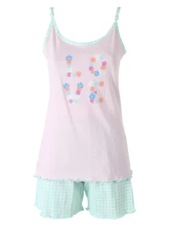 A Sette Pigiama corto da donna con spalline sottili e shorts a quadretti - rosa