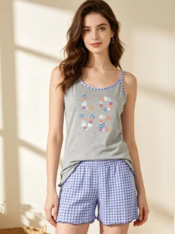A Sette Pigiama corto da donna con spalline sottili e shorts a quadretti - grigio