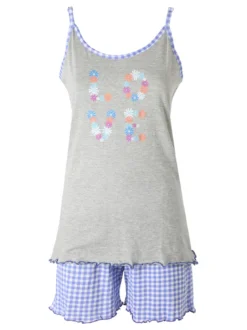 A Sette Pigiama corto da donna con spalline sottili e shorts a quadretti - grigio