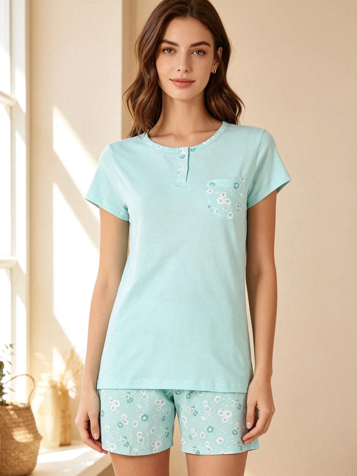 A Sette Pigiama corto da donna in cotone con taschino e shorts fiorati - acqua marina