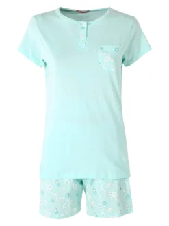 A Sette Pigiama corto da donna in cotone con taschino e shorts fiorati - acqua marina