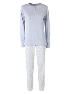 A Sette Pigiama lungo da donna in cotone con pantaloni fiorati - azzurro