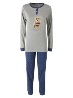 A Sette Pigiama lungo da donna in cotone con stampa orsacchiotto e pantaloni a pois - grigio