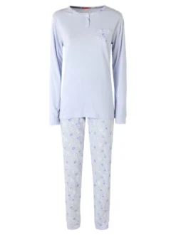 A Sette Pigiama lungo da donna in cotone con taschino e pantaloni fiorati - azzurro
