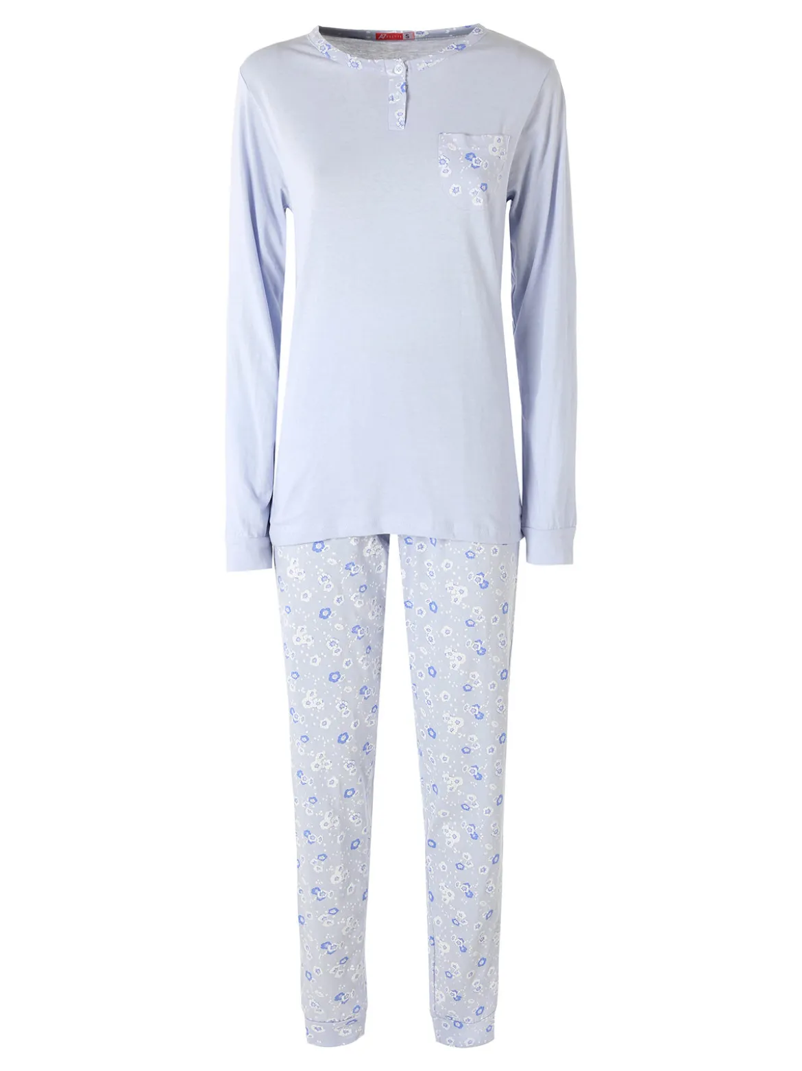 A Sette Pigiama lungo da donna in cotone con taschino e pantaloni fiorati - azzurro