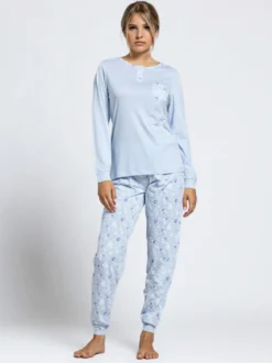 A Sette Pigiama lungo da donna in cotone con taschino e pantaloni fiorati - azzurro