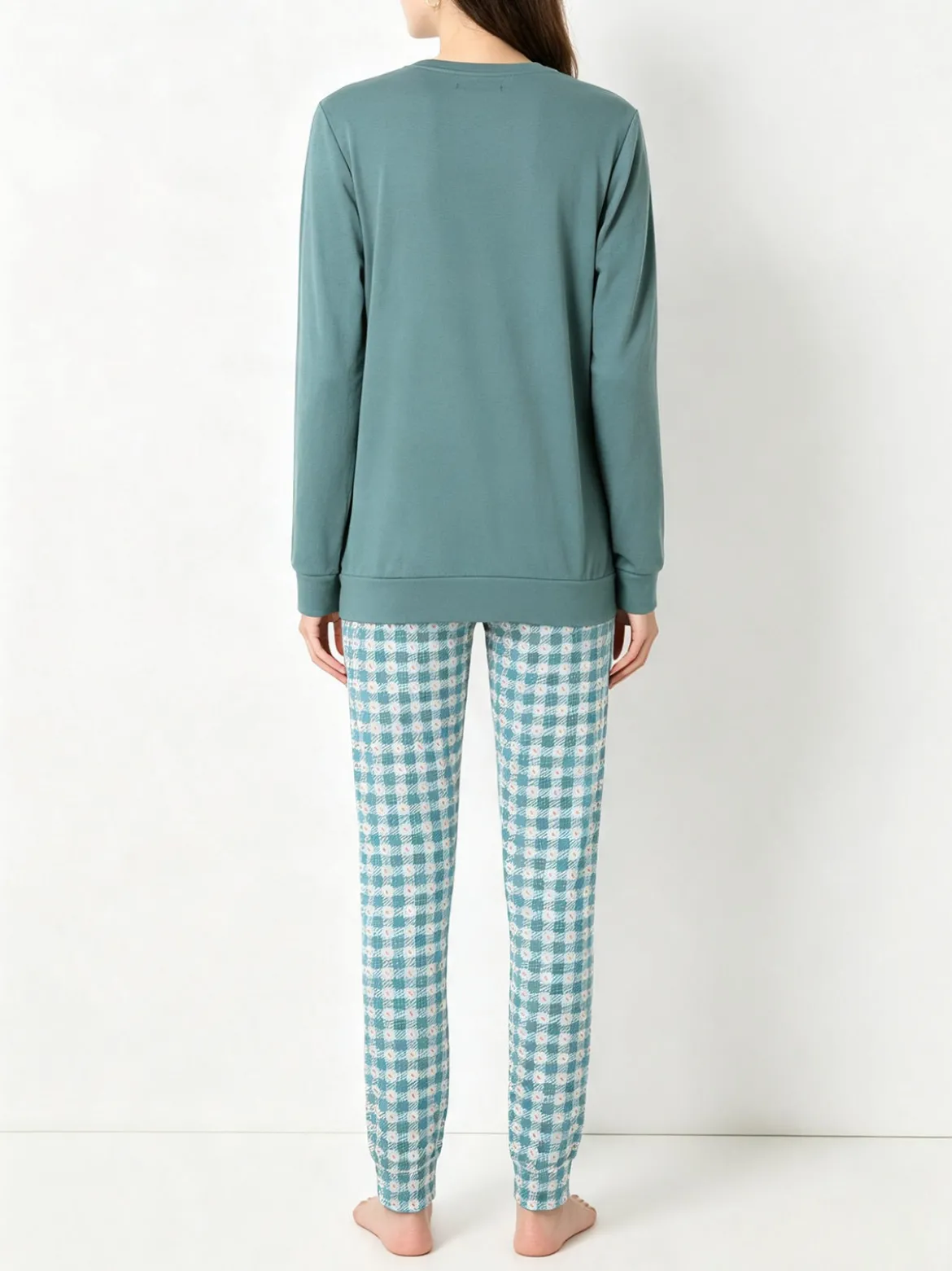A Sette Pigiama lungo da donna in cotone interlock con dettaglio in pizzo e pantaloni a quadretti - verde