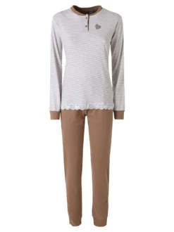 A Sette Pigiama lungo da donna in cotone interlock con maglia a righe - sabbia