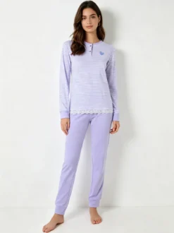 A Sette Pigiama lungo da donna in cotone interlock con maglia a righe - lilla