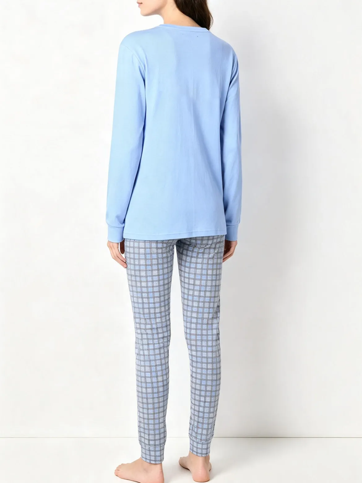 A Sette Pigiama lungo da donna in cotone interlock con pantaloni a quadri - azzurro