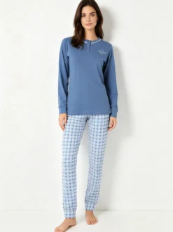A Sette Pigiama lungo da donna in cotone interlock con pantaloni a quadretti - jeans