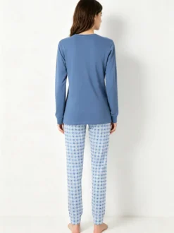 A Sette Pigiama lungo da donna in cotone interlock con pantaloni a quadretti - jeans