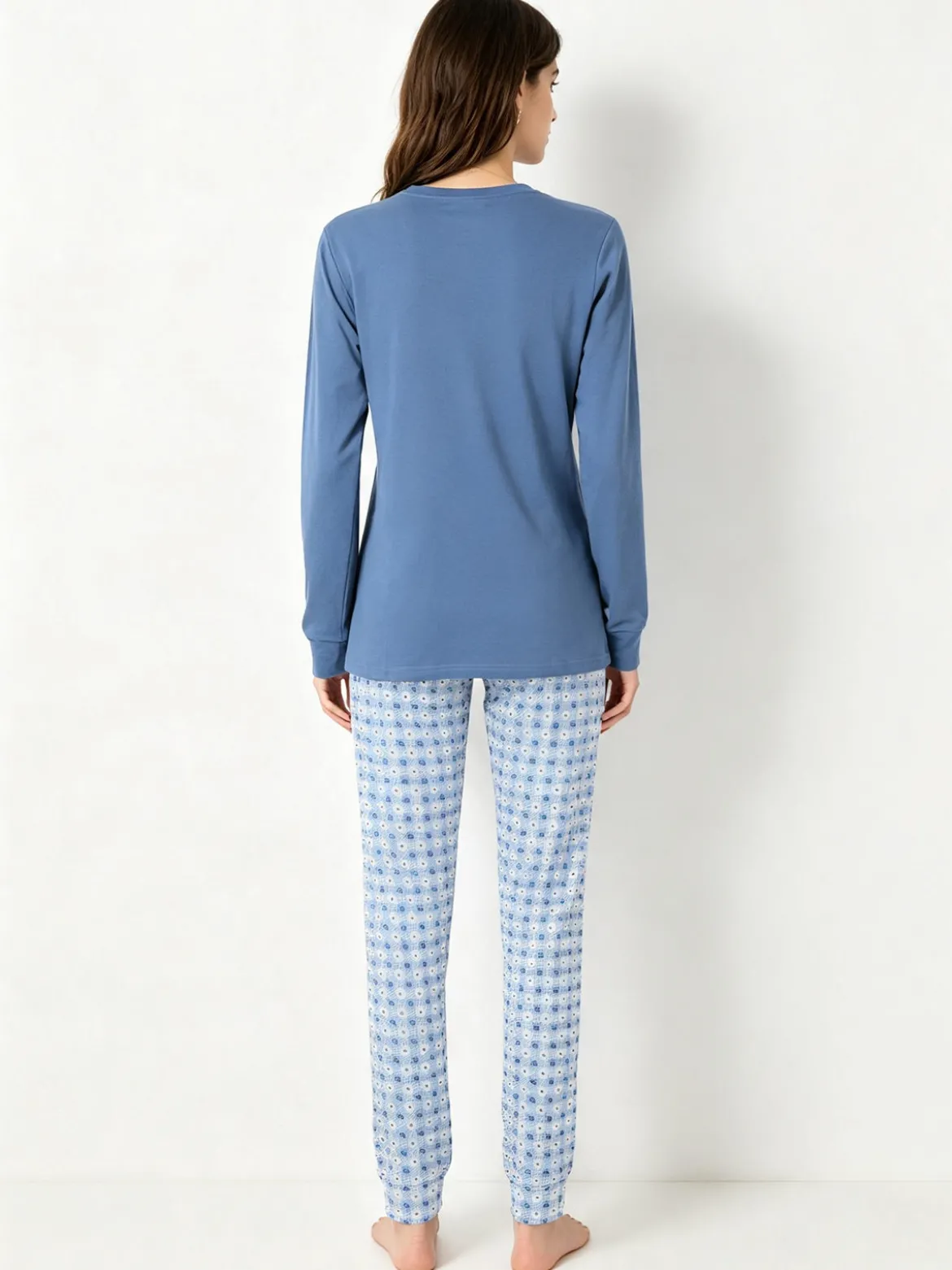 A Sette Pigiama lungo da donna in cotone interlock con pantaloni a quadretti - jeans