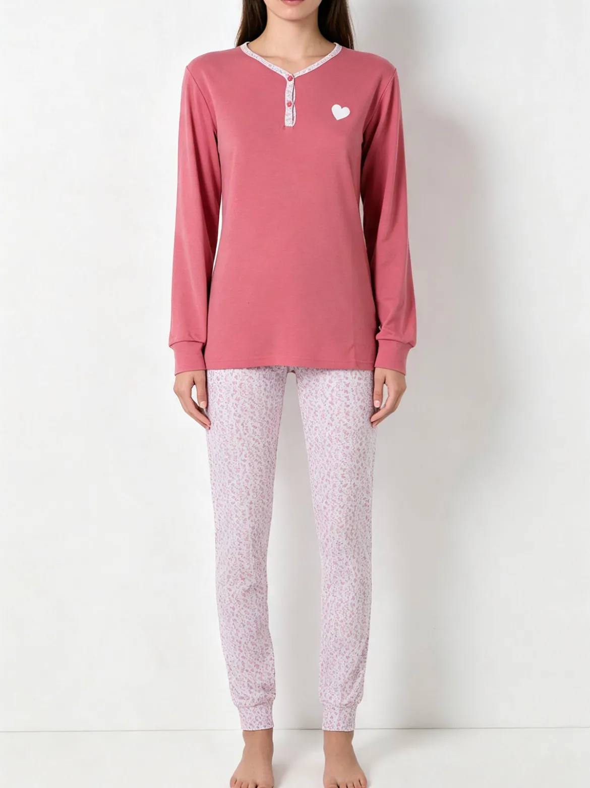 A Sette Pigiama lungo da donna in cotone interlock con pantaloni a stampa fiori - cipria