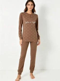 A Sette Pigiama lungo da donna in cotone interlock con stampa a cuori - marrone