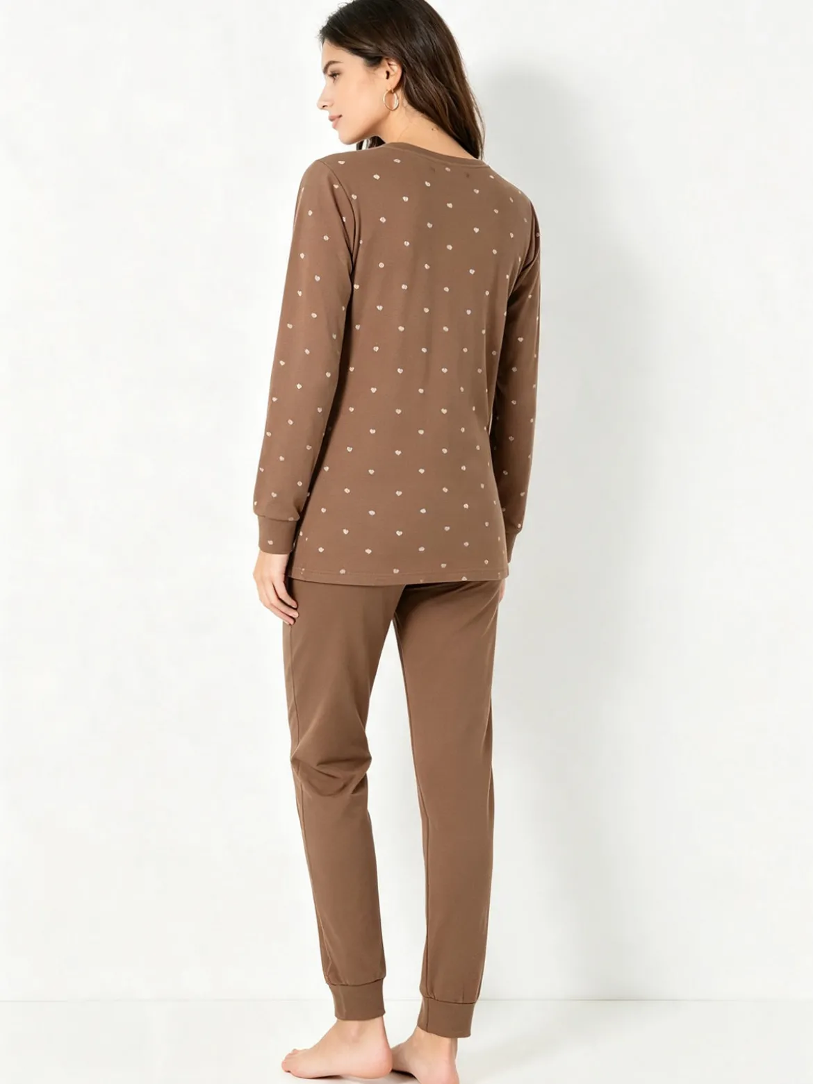 A Sette Pigiama lungo da donna in cotone interlock con stampa a cuori - marrone