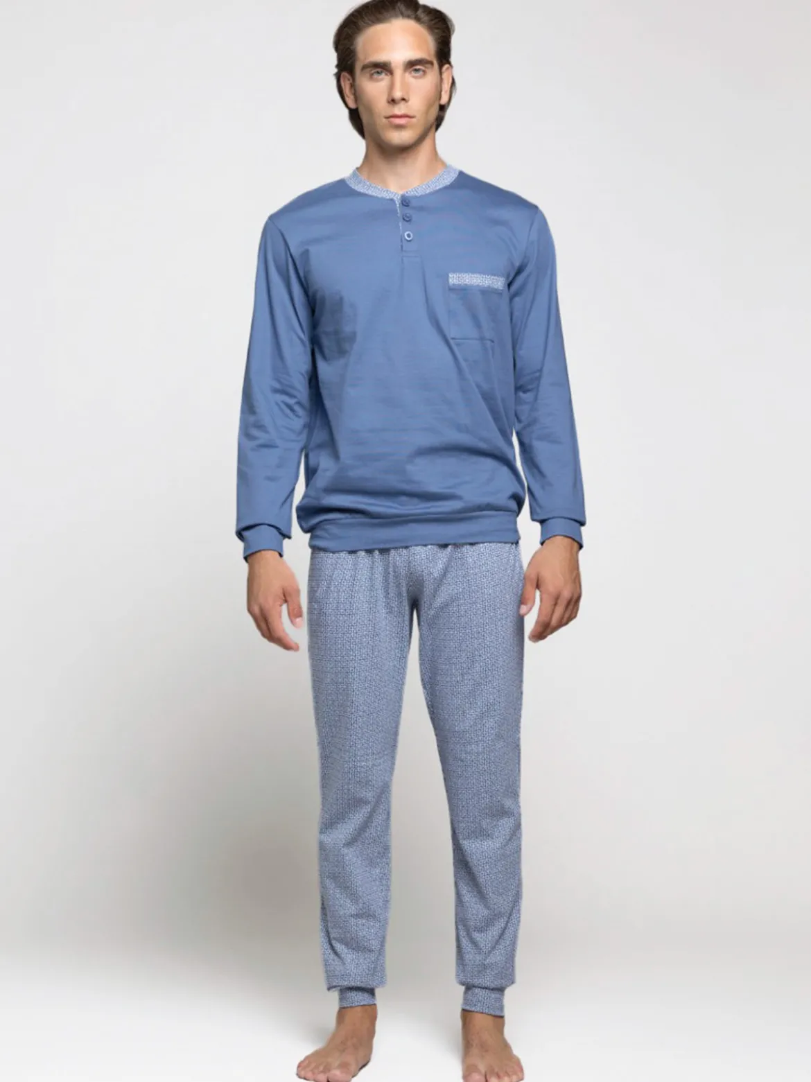 A Sette Pigiama lungo da uomo in cotone con taschino e pantaloni con stampa greca - blu