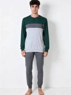 A Sette Pigiama lungo da uomo in cotone interlock a blocchi di colore - grigio