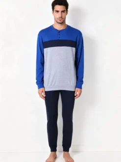 A Sette Pigiama lungo da uomo in cotone interlock a blocchi di colore - blu scuro