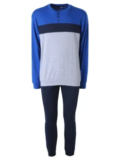 A Sette Pigiama lungo da uomo in cotone interlock a blocchi di colore - blu scuro