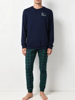 A Sette Pigiama lungo da uomo in cotone interlock con pantaloni a quadri - blu