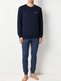 A Sette Pigiama lungo da uomo in cotone interlock con pantaloni a quadretti - blu scuro