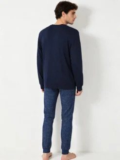 A Sette Pigiama lungo da uomo in cotone interlock con pantaloni a quadretti - blu scuro