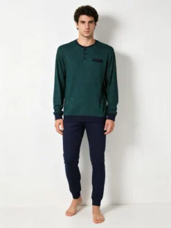 A Sette Pigiama lungo da uomo in cotone interlock con stampa a cerchi - verde