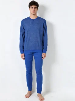 A Sette Pigiama lungo da uomo in cotone interlock con stampa a quadretti - blu