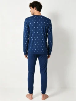 A Sette Pigiama lungo da uomo in cotone interlock con stampe birilli - blu