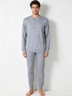 A Sette Pigiama lungo da uomo in cotone interlock con stampe birilli - grigio
