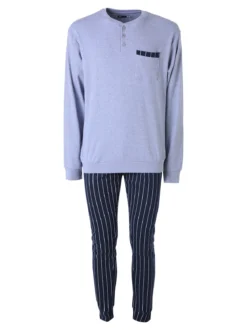 A Sette Pigiama lungo da uomo in cotone interlock con taschino e pantaloni a righe sottili - jeans
