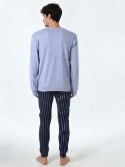 A Sette Pigiama lungo da uomo in cotone interlock con taschino e pantaloni a righe sottili - jeans