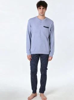 A Sette Pigiama lungo da uomo in cotone interlock con taschino e pantaloni a righe sottili - jeans