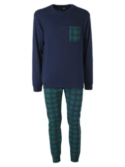A Sette Pigiama lungo da uomo in cotone interlock con taschino e pantaloni a quadri - blu