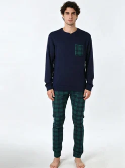 A Sette Pigiama lungo da uomo in cotone interlock con taschino e pantaloni a quadri - blu