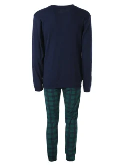 A Sette Pigiama lungo da uomo in cotone interlock con taschino e pantaloni a quadri - blu