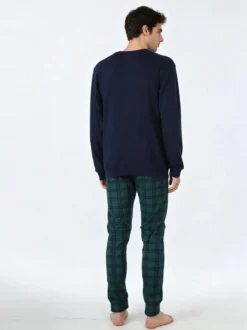 A Sette Pigiama lungo da uomo in cotone interlock con taschino e pantaloni a quadri - blu