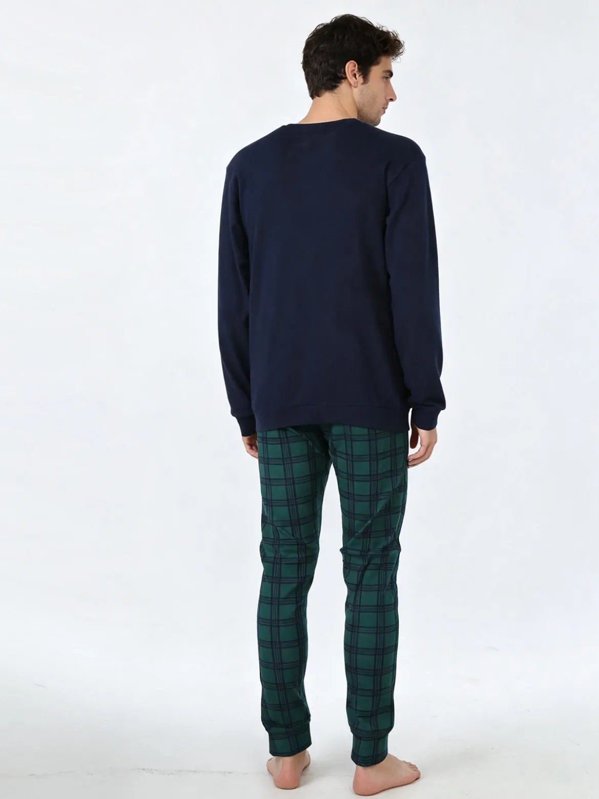 A Sette Pigiama lungo da uomo in cotone interlock con taschino e pantaloni a quadri - blu