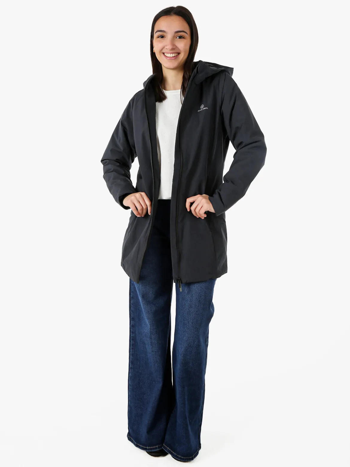Athl Dpt Giubbotto lungo da donna impermeabile con cappuccio e zip - blu scuro