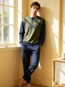 Australian Pigiama lungo da uomo in misto cotone interlock - blu scuro