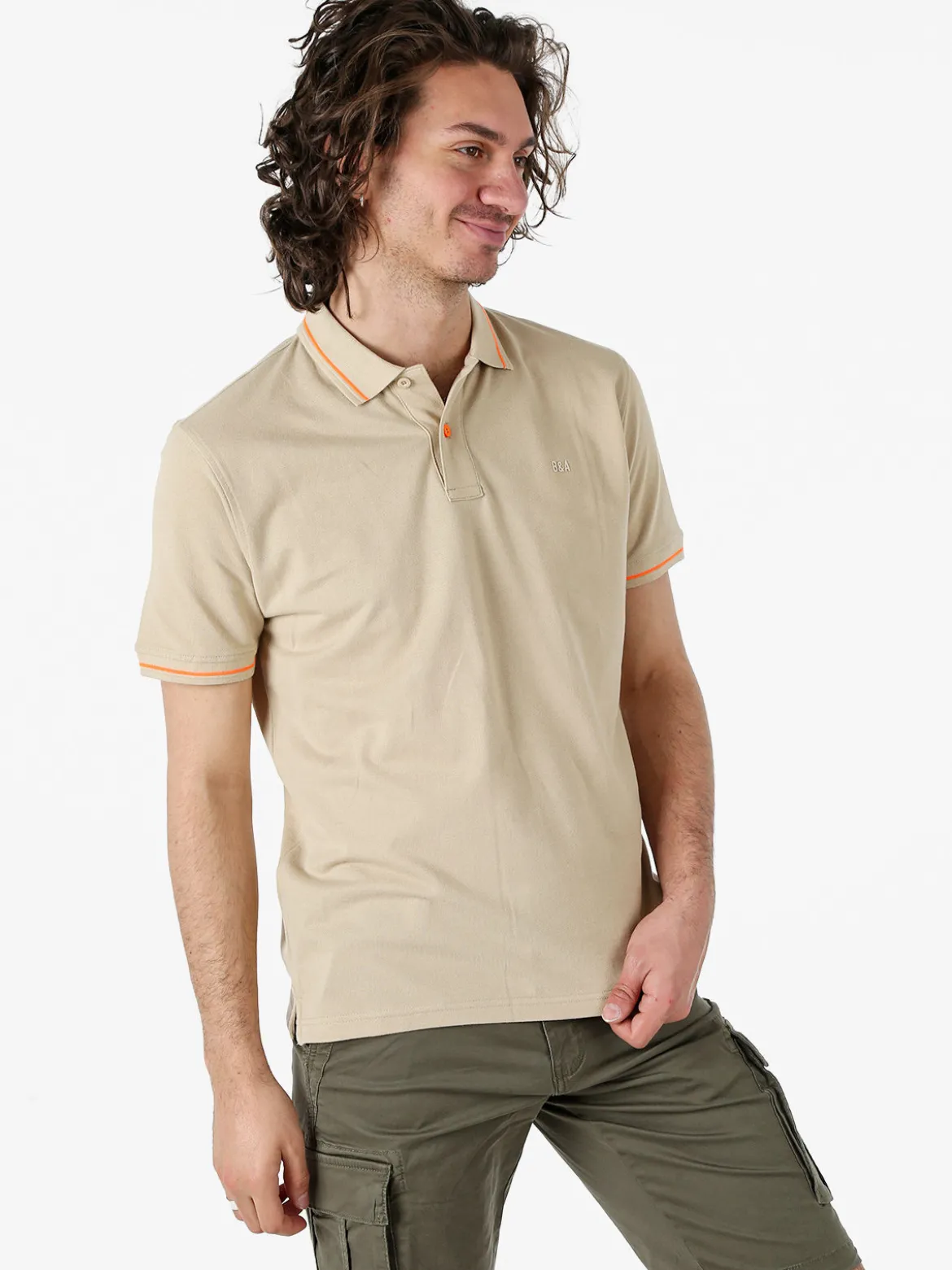 Baci & Abbracci Polo da uomo in cotone a maniche corte con logo davanti e dietro - sabbia