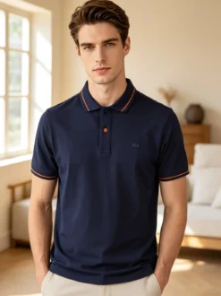 Baci & Abbracci Polo da uomo in cotone a maniche corte con logo davanti e dietro - blu scuro